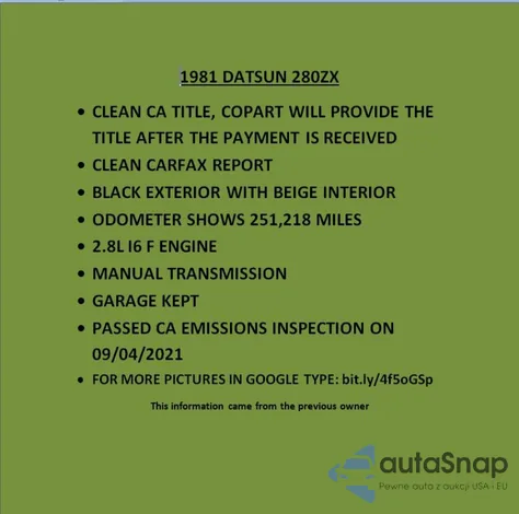 1981 Datsun 280Zx z USA, uszkodzony, nr VIN JN1HZ04S8BX265704